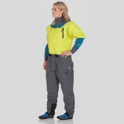 NRS Women's Nomad Gore-Tex Pro Comfort-Neck Drysuit -Paddle Sports Shop 22549 01 Chartreuse Model Front 092421 2000x2000 81054.1647558833